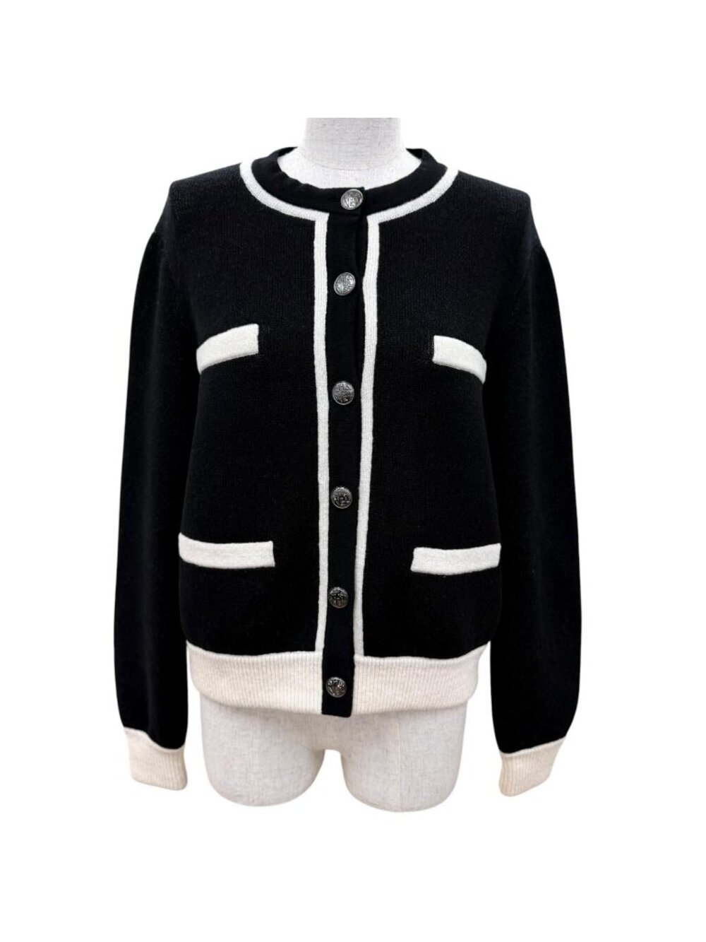 Chanel Cashmere Silk CC Logo Button Rhinestone Knit Cardigan Black White 40